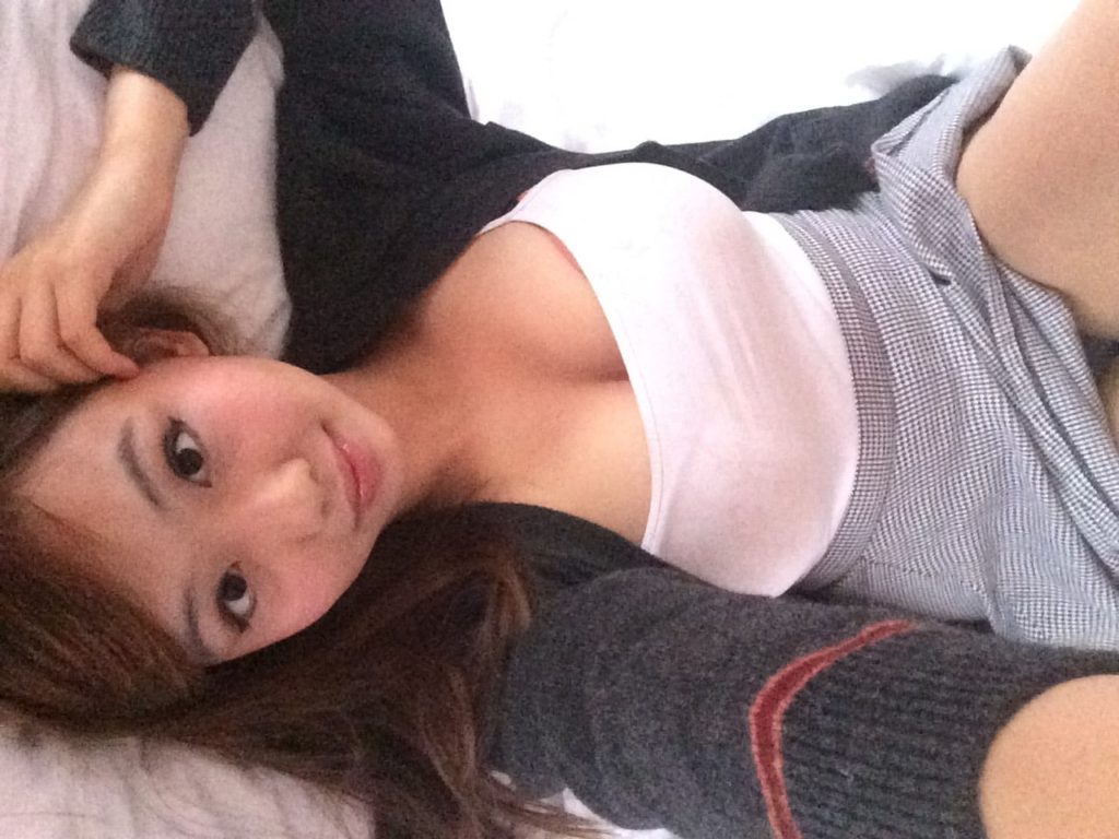 Big boobs selfie on bed lying down